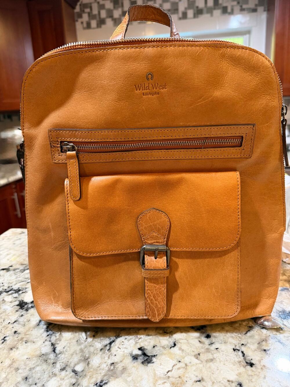 Wild West Los Angeles Cognac Leather Backpack Plaid Interior Card Slots.